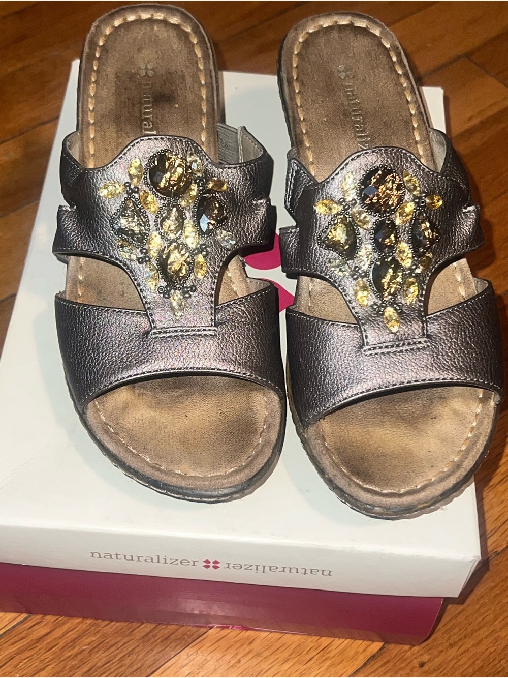 Naturalizer Metallic Bronze Slide Sandals with Jewel Accents